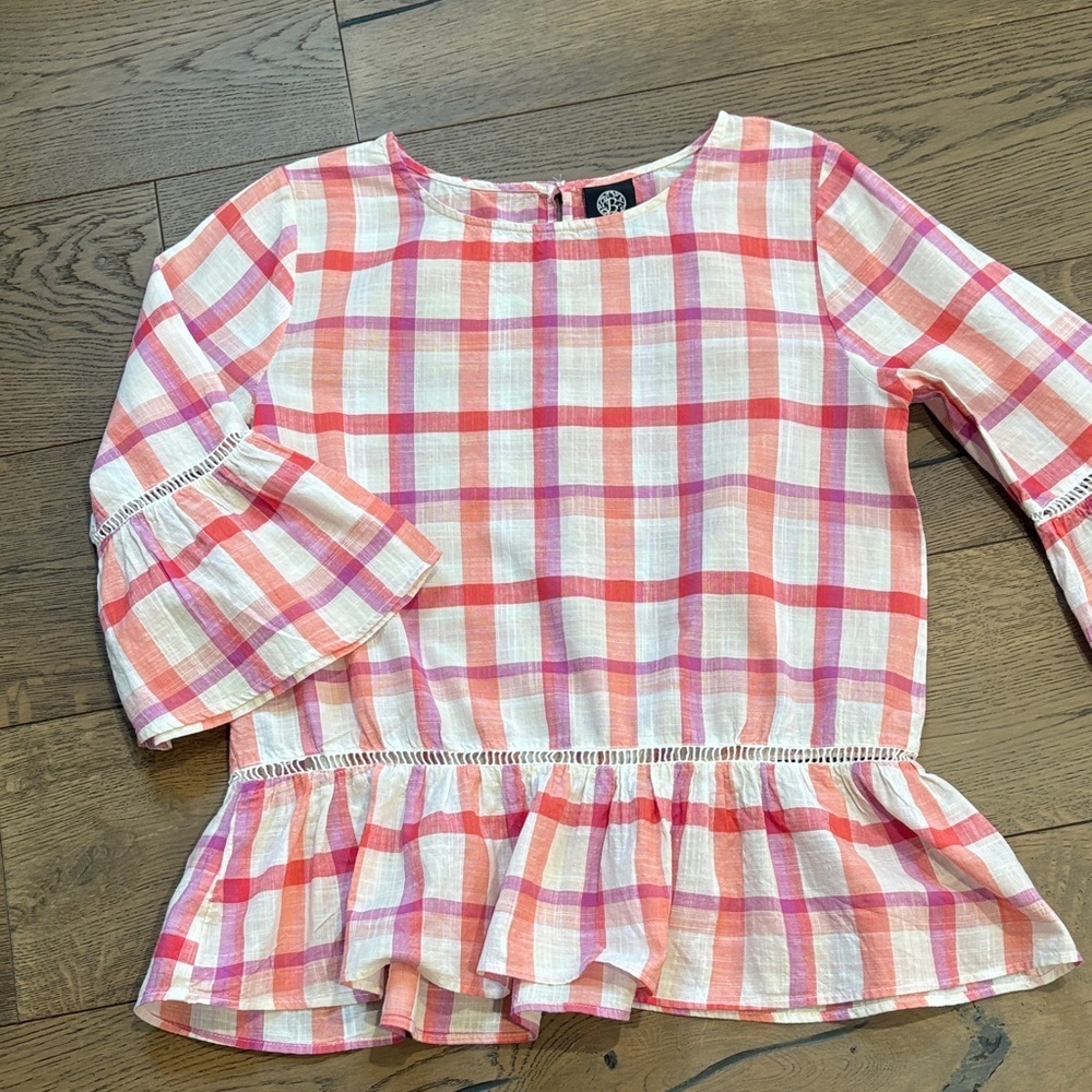 Bobeau Pink Orange White Plaid Blouse Bell Sleeve